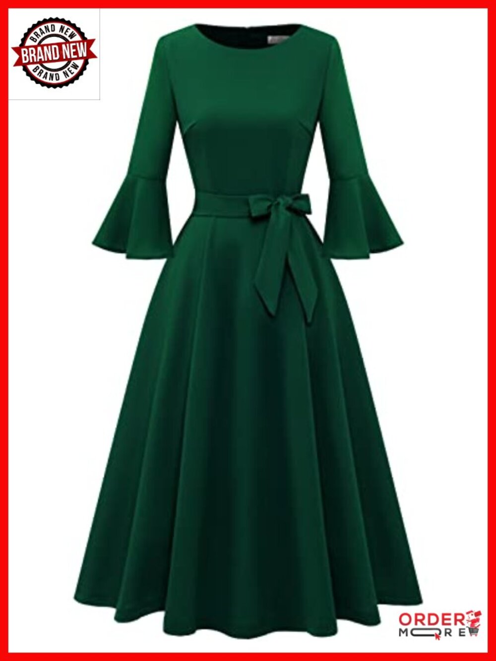 Modest Bell Sleeve Midi Dress with Decorative Belt, Flare Sleeve, Swing